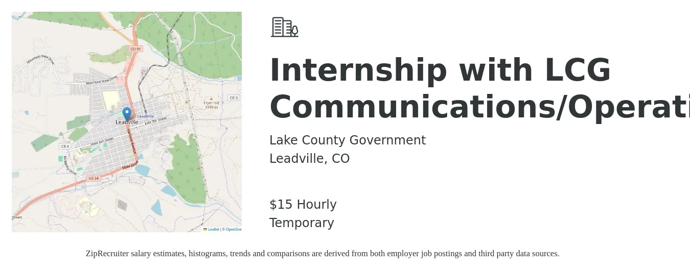 Lake County Government job posting for a Internship with LCG Communications/Operations in Leadville, CO with a salary of $16 Hourly with a map of Leadville location.