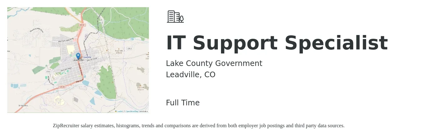 Lake County Government job posting for a IT Support Specialist in Leadville, CO with a salary of $45,000 to $50,000 Yearly with a map of Leadville location.