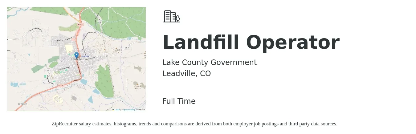 Lake County Government job posting for a Landfill Operator in Leadville, CO with a salary of $43,000 to $47,000 Yearly with a map of Leadville location.