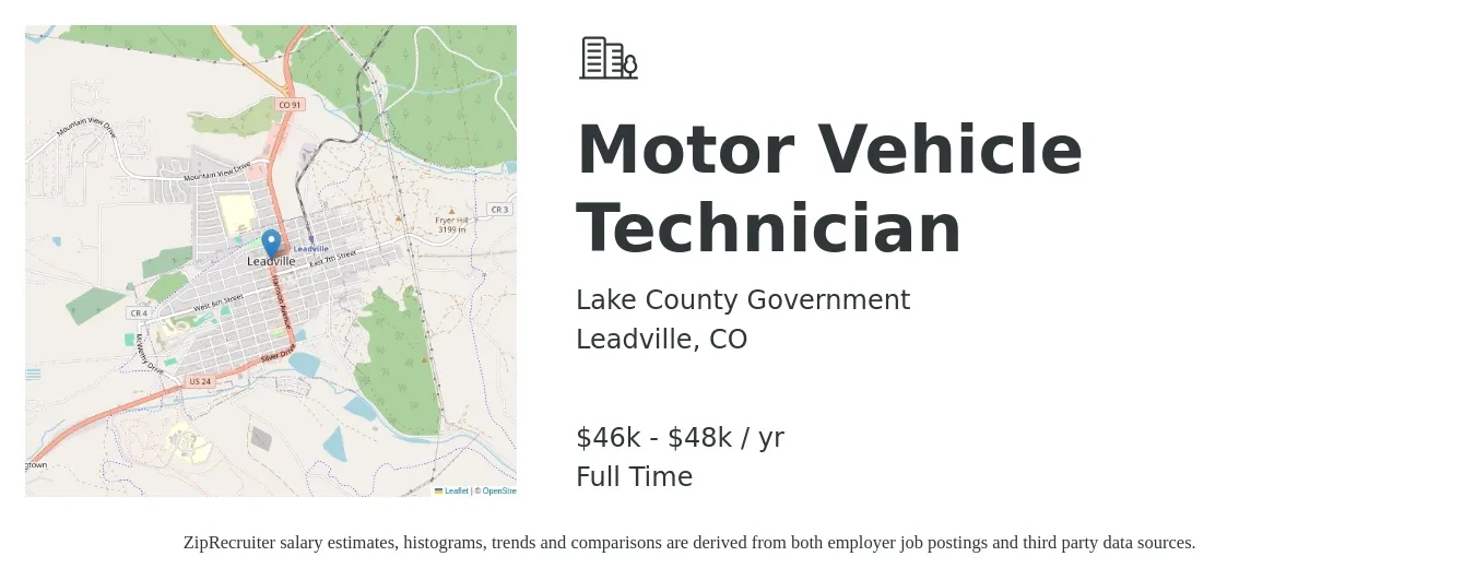 Lake County Government job posting for a Motor Vehicle Technician in Leadville, CO with a salary of $45,000 to $55,000 Yearly with a map of Leadville location.