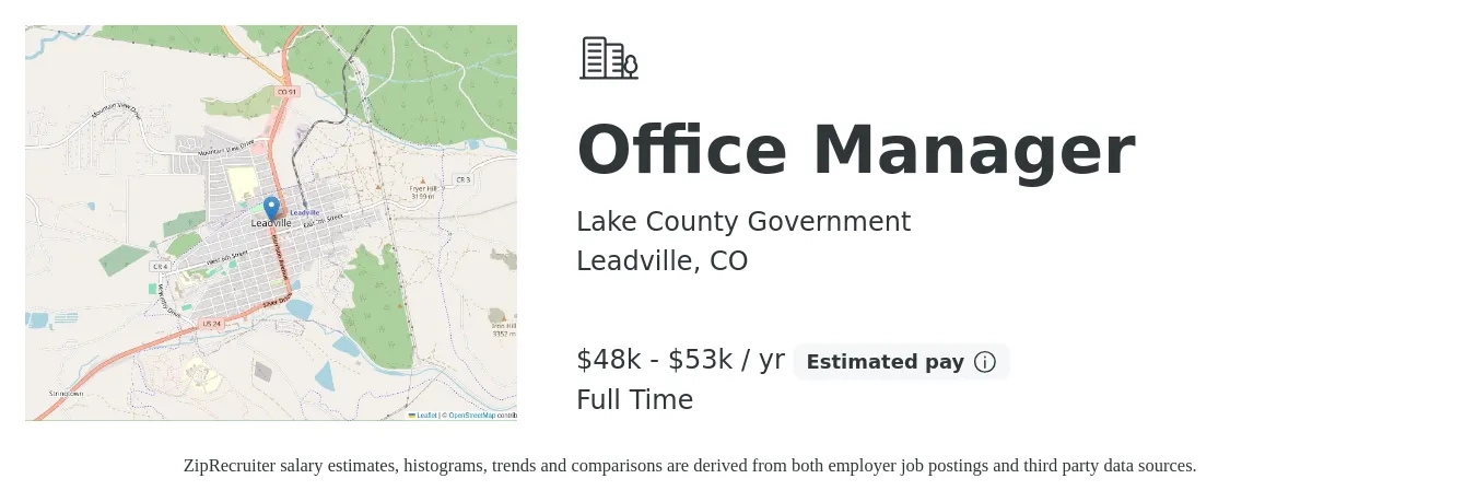 Lake County Government job posting for a Office Manager in Leadville, CO with a salary of $48,000 to $53,000 Yearly with a map of Leadville location.