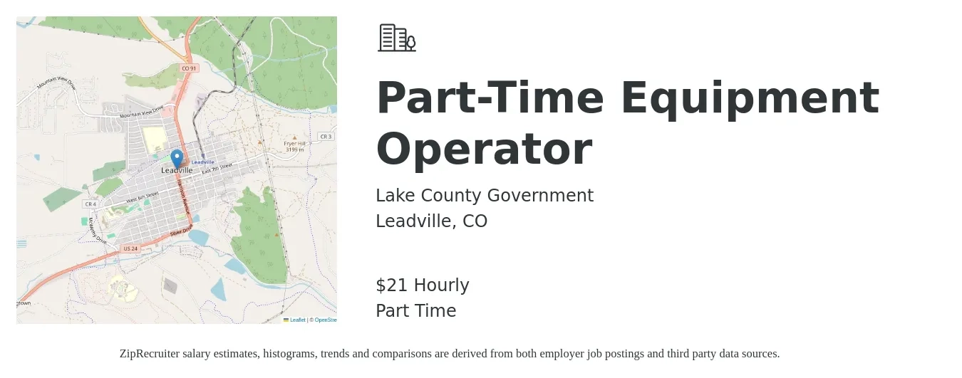 Lake County Government job posting for a Part-Time Equipment Operator in Leadville, CO with a salary of $22 Hourly with a map of Leadville location.