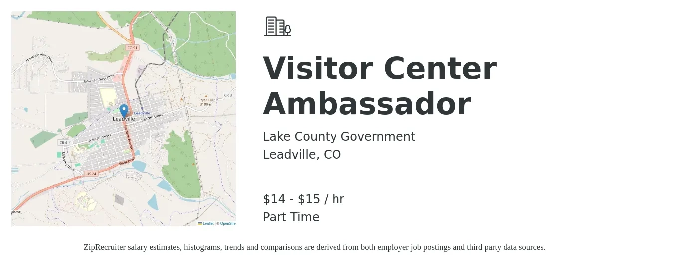 Lake County Government job posting for a Visitor Center Ambassador in Leadville, CO with a salary of $15 to $16 Hourly with a map of Leadville location.