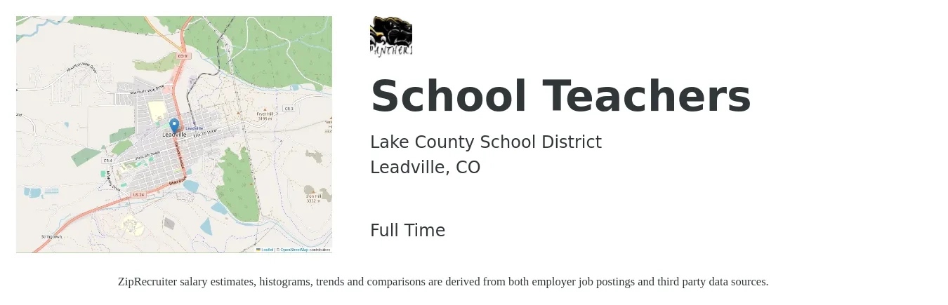 Lake County School District job posting for a School Teachers in Leadville, CO with a salary of $51,200 to $69,000 Yearly with a map of Leadville location.