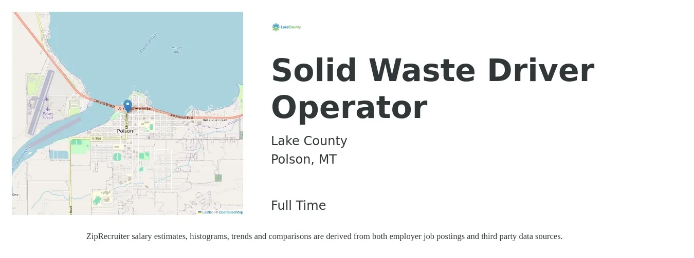 Lake County job posting for a Solid Waste Driver Operator in Polson, MT with a salary of $25 Hourly with a map of Polson location.