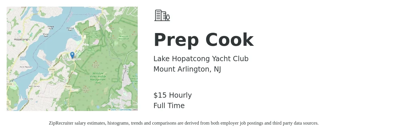 Lake Hopatcong Yacht Club job posting for a Prep Cook in Mount Arlington, NJ with a salary of $16 Hourly with a map of Mount Arlington location.