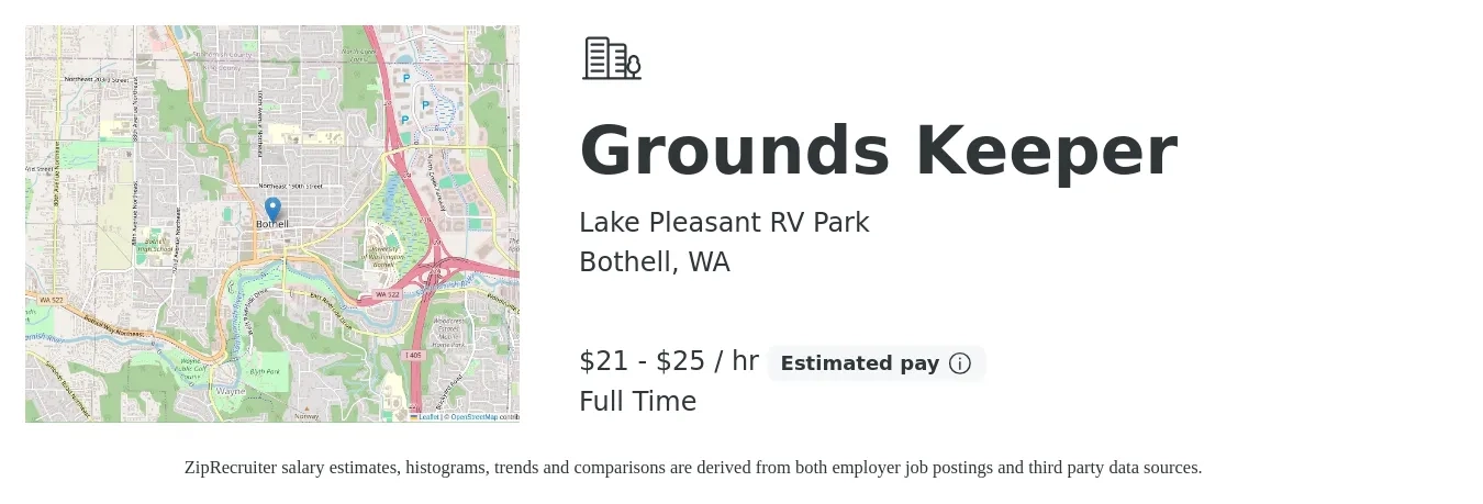 Lake Pleasant RV Park job posting for a Grounds Keeper in Bothell, WA with a salary of $22 to $27 Hourly with a map of Bothell location.
