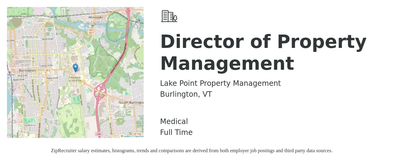Lake Point Property Management job posting for a Director of Property Management in Burlington, VT with a salary of $74,800 to $146,100 Yearly and benefits including pto, and medical with a map of Burlington location.