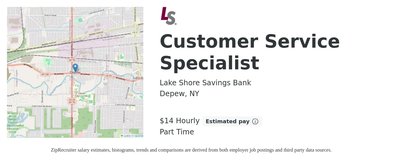 Lake Shore Savings Bank job posting for a Customer Service Specialist in Depew, NY with a salary of $15 to $16 Yearly with a map of Depew location.