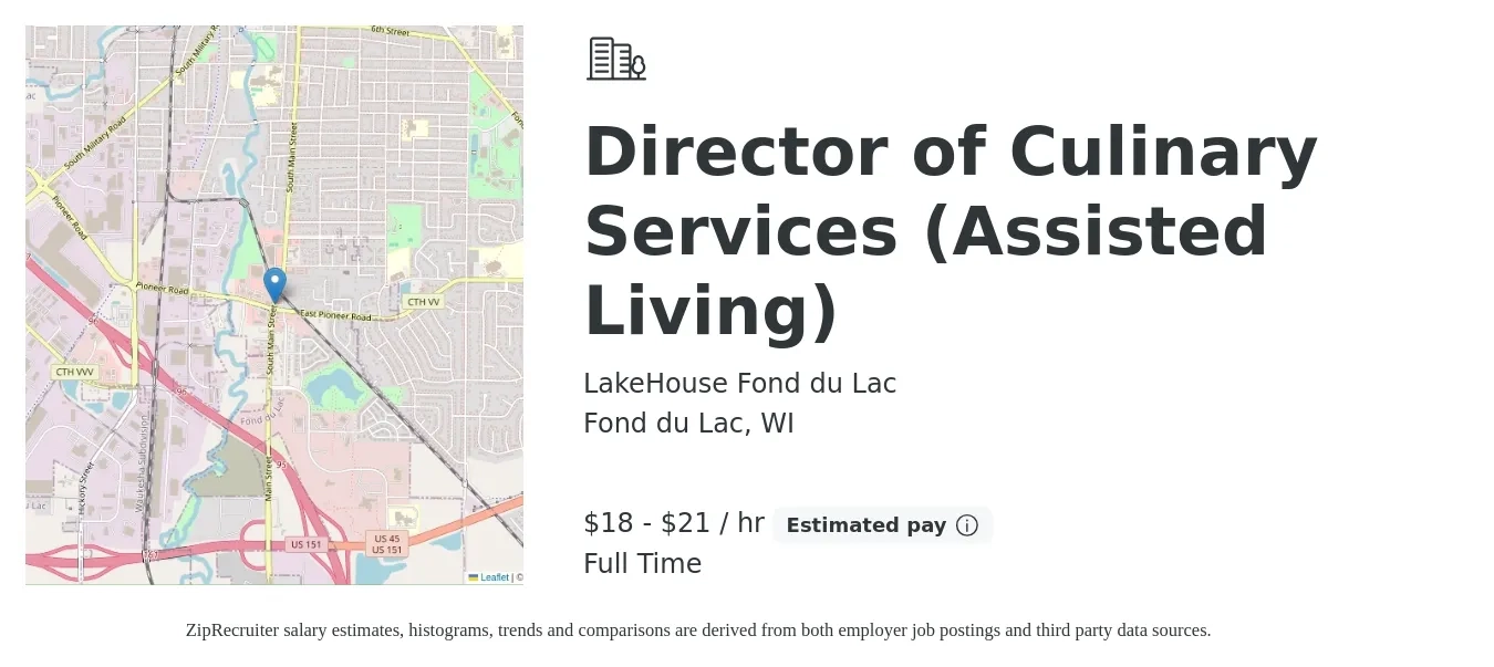 LakeHouse Fond du Lac job posting for a Director of Culinary Services (Assisted Living) in Fond du Lac, WI with a salary of $19 to $22 Hourly with a map of Fond du Lac location.