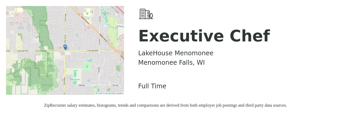 LakeHouse Menomonee job posting for a Executive Chef in Menomonee Falls, WI with a salary of $71,700 to $98,800 Yearly with a map of Menomonee Falls location.