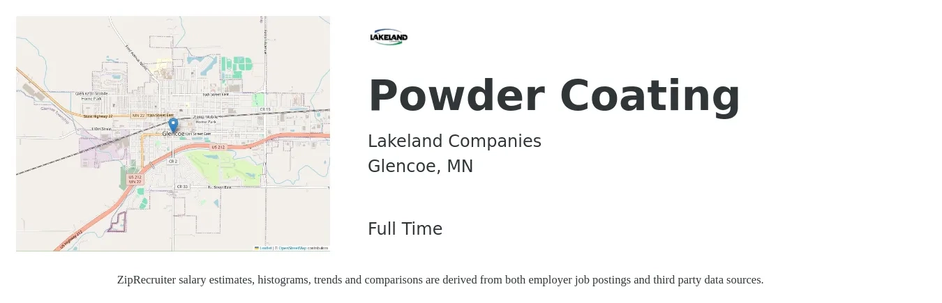 Lakeland Companies job posting for a Powder Coating in Glencoe, MN with a salary of $17 to $21 Hourly with a map of Glencoe location.