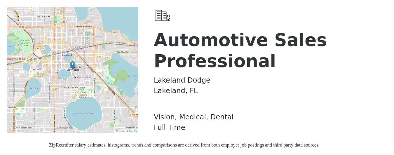 Lakeland Dodge job posting for a Automotive Sales Professional in Lakeland, FL with a salary of $2,000 to $25,000 Monthly and benefits including medical, retirement, vision, dental, and life_insurance with a map of Lakeland location.