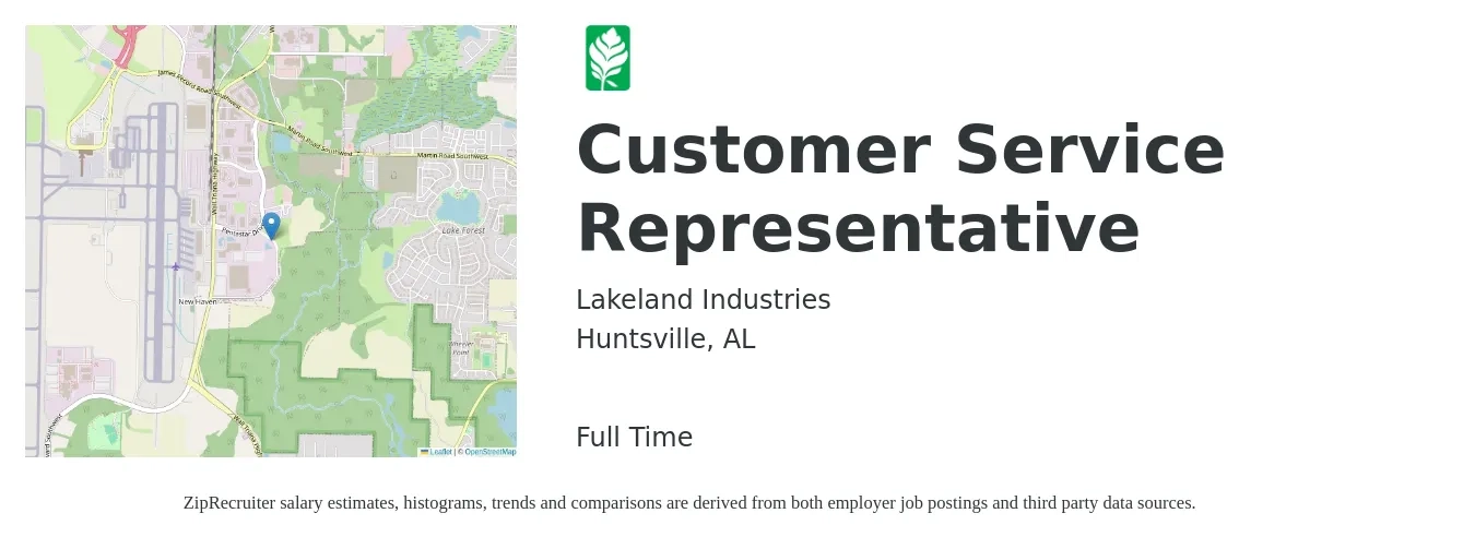 Lakeland Industries job posting for a Customer Service Representative in Huntsville, AL with a salary of $15 to $20 Hourly with a map of Huntsville location.