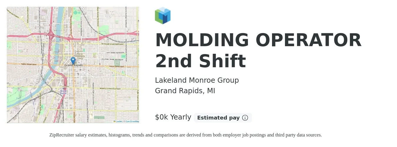 Lakeland Monroe Group job posting for a MOLDING OPERATOR 2nd Shift in Grand Rapids, MI with a salary of $16 to $17 Yearly with a map of Grand Rapids location.