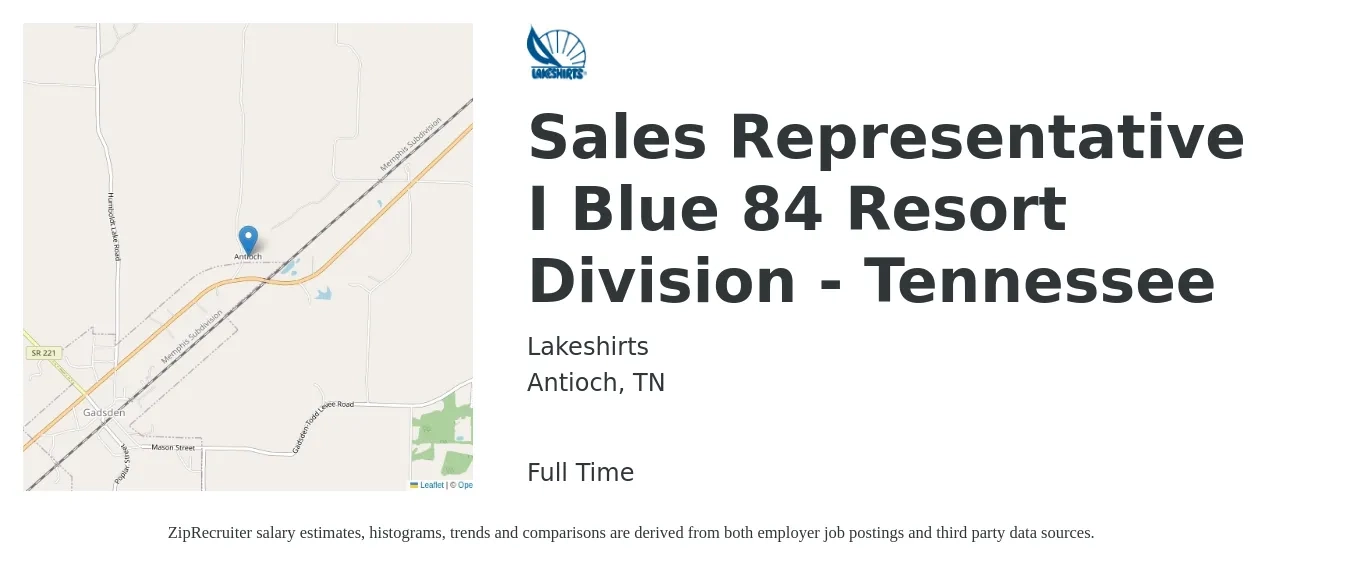 Lakeshirts job posting for a Sales Representative I Blue 84 Resort Division - Tennessee in Antioch, TN with a salary of $51,500 to $89,500 Yearly with a map of Antioch location.