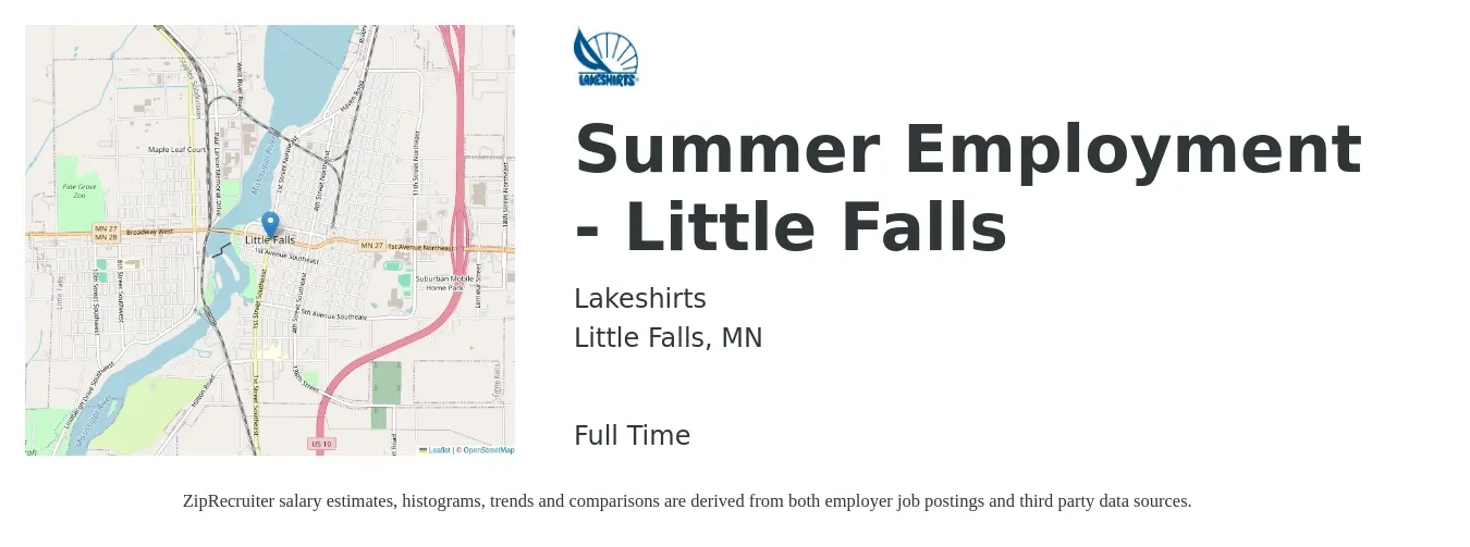 Lakeshirts job posting for a Summer Employment - Little Falls in Little Falls, MN with a salary of $12 to $21 Hourly with a map of Little Falls location.
