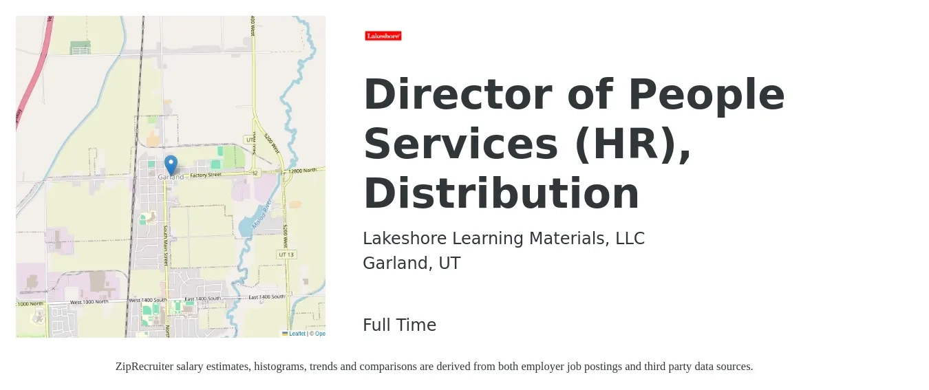Lakeshore Learning Materials, LLC job posting for a Director of People Services (HR), Distribution in Garland, UT with a salary of $81,700 to $126,000 Yearly with a map of Garland location.