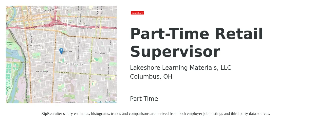 Lakeshore Learning Materials, LLC job posting for a Part-Time Retail Supervisor in Columbus, OH with a salary of $17 to $26 Hourly with a map of Columbus location.