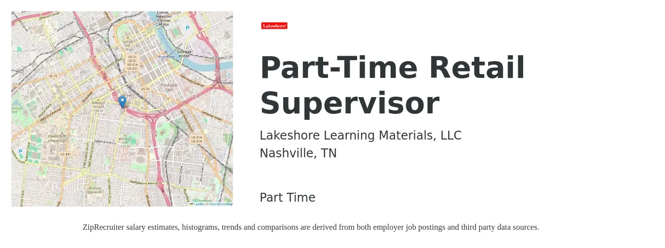 Lakeshore Learning Materials, LLC job posting for a Part-Time Retail Supervisor in Nashville, TN with a salary of $18 to $27 Hourly with a map of Nashville location.