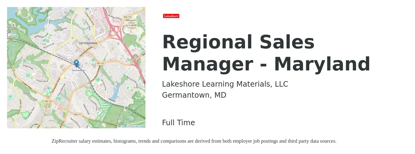 Lakeshore Learning Materials, LLC job posting for a Regional Sales Manager - Maryland in Germantown, MD with a salary of $72,800 to $113,700 Yearly with a map of Germantown location.