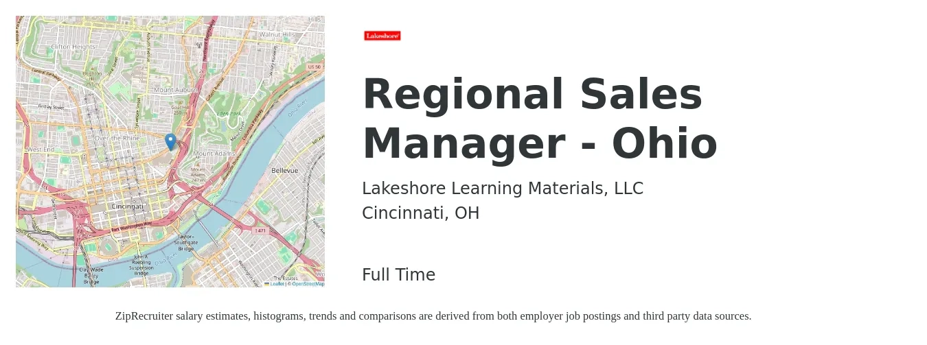 Lakeshore Learning Materials, LLC job posting for a Regional Sales Manager - Ohio in Cincinnati, OH with a salary of $69,100 to $107,900 Yearly with a map of Cincinnati location.