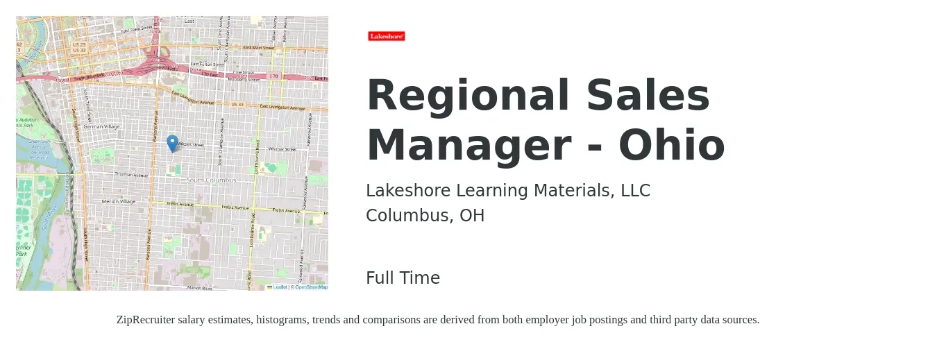 Lakeshore Learning Materials, LLC job posting for a Regional Sales Manager - Ohio in Columbus, OH with a salary of $69,500 to $108,700 Yearly with a map of Columbus location.