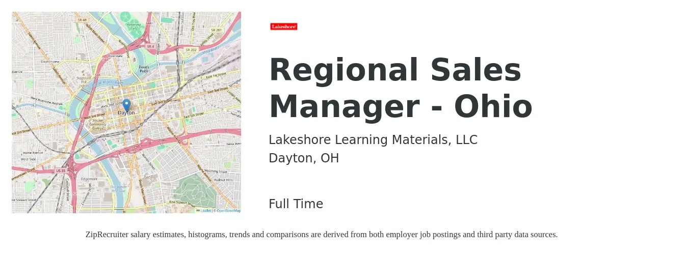 Lakeshore Learning Materials, LLC job posting for a Regional Sales Manager - Ohio in Dayton, OH with a salary of $70,000 to $109,300 Yearly with a map of Dayton location.