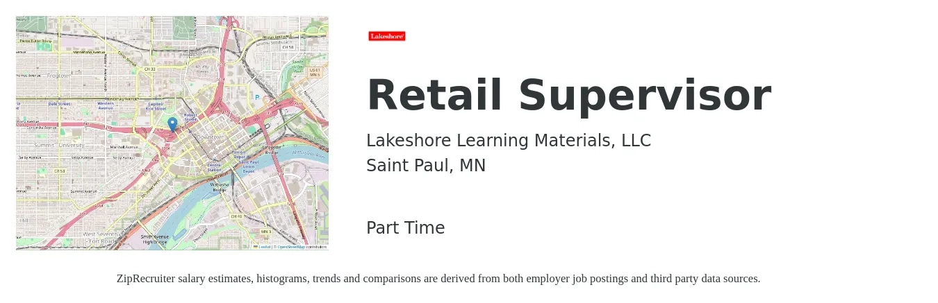 Lakeshore Learning Materials, LLC job posting for a Retail Supervisor in Saint Paul, MN with a salary of $18 to $28 Hourly with a map of Saint Paul location.
