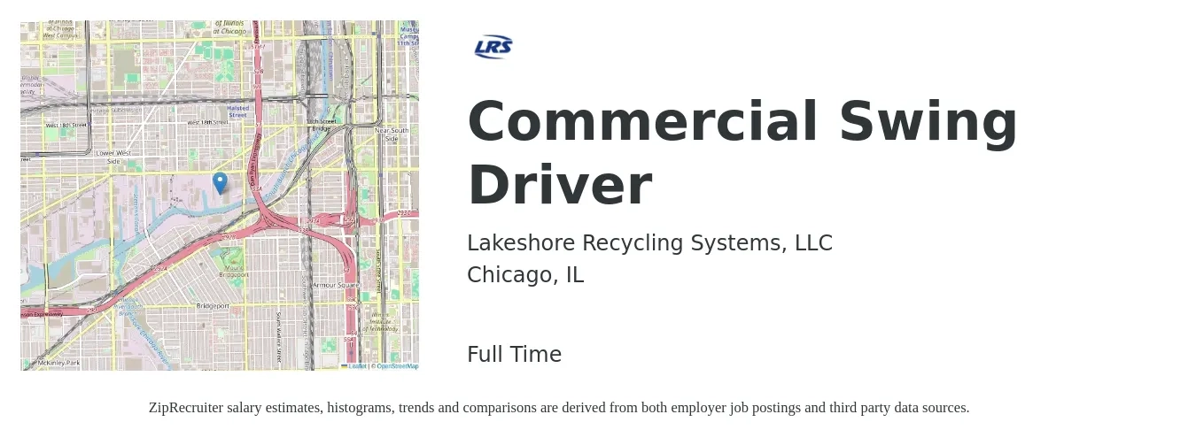 Lakeshore Recycling Systems, LLC job posting for a Commercial Swing Driver in Chicago, IL with a salary of $20 to $26 Hourly with a map of Chicago location.