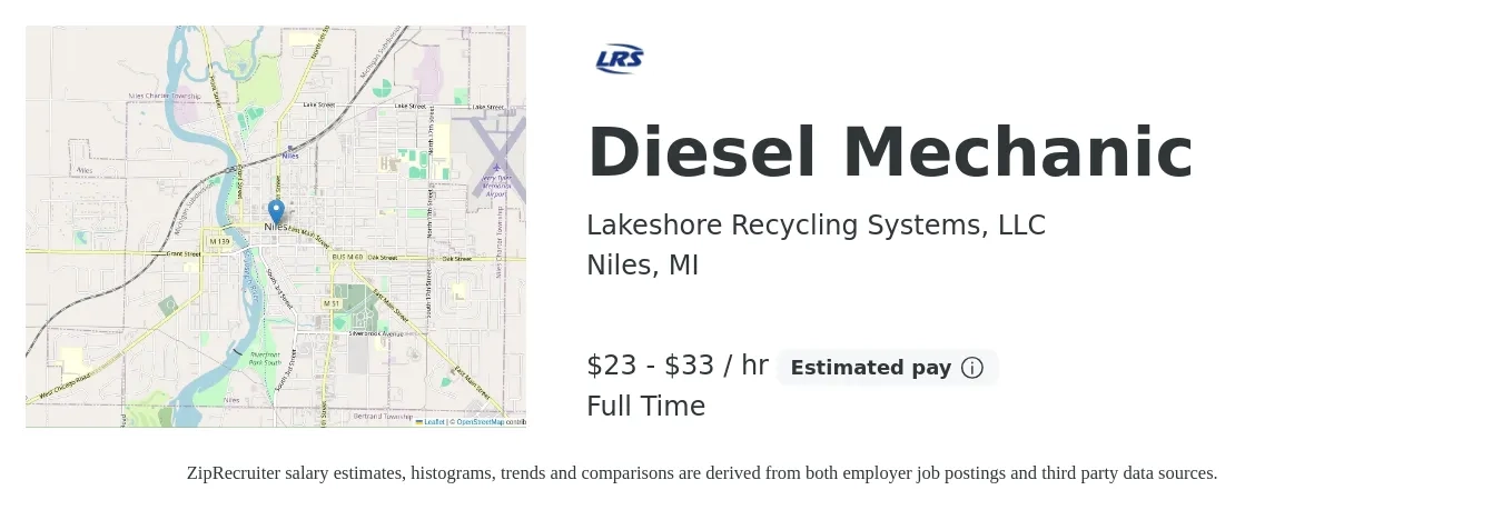 Lakeshore Recycling Systems, LLC job posting for a Diesel Mechanic in Niles, MI with a salary of $24 to $35 Hourly with a map of Niles location.