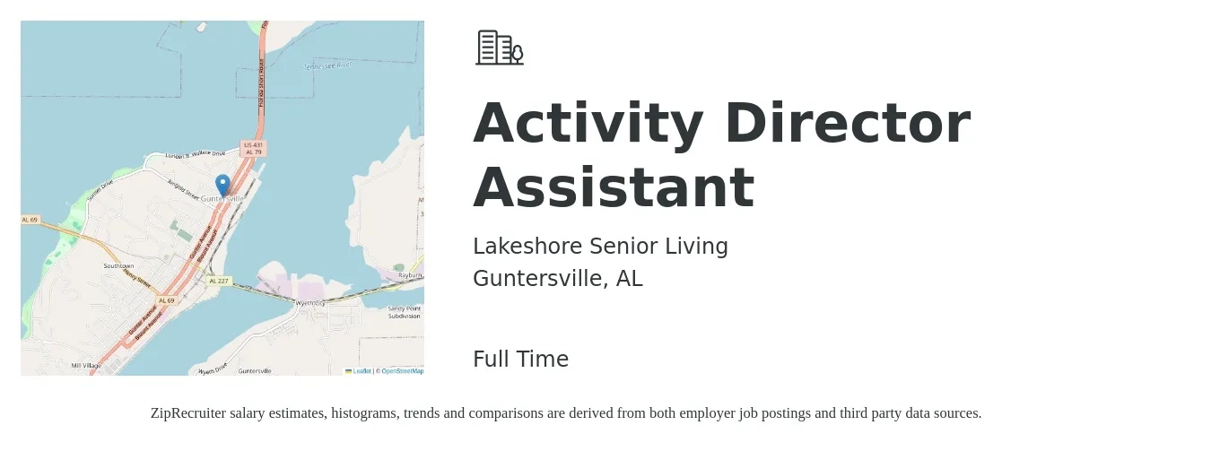 Lakeshore Senior Living job posting for a Activity Director Assistant in Guntersville, AL with a salary of $14 to $21 Hourly with a map of Guntersville location.