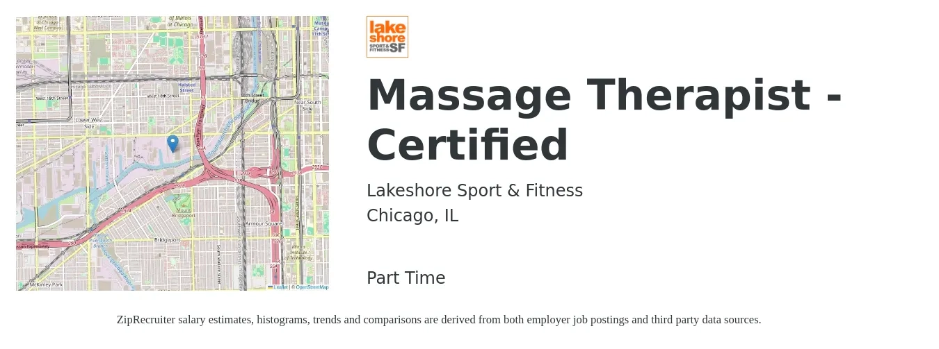 Lakeshore Sport & Fitness job posting for a Massage Therapist - Certified in Chicago, IL with a salary of $24 to $48 Hourly with a map of Chicago location.