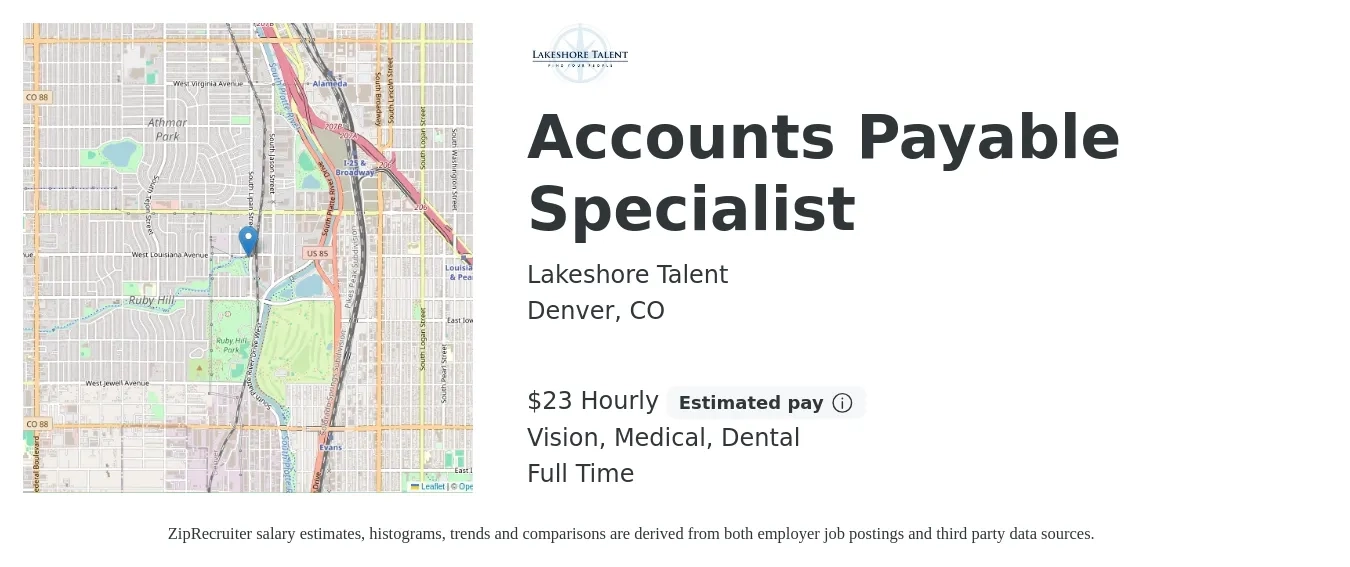 Lakeshore Talent job posting for a Accounts Payable Specialist in Denver, CO with a salary of $24 Hourly and benefits including dental, life_insurance, medical, pto, retirement, and vision with a map of Denver location.