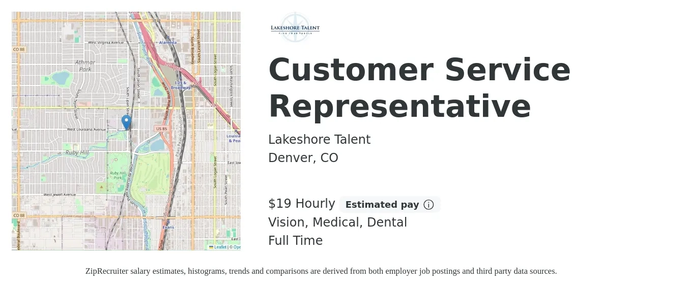 Lakeshore Talent job posting for a Customer Service Representative in Denver, CO with a salary of $20 Hourly and benefits including pto, retirement, vision, dental, life_insurance, and medical with a map of Denver location.
