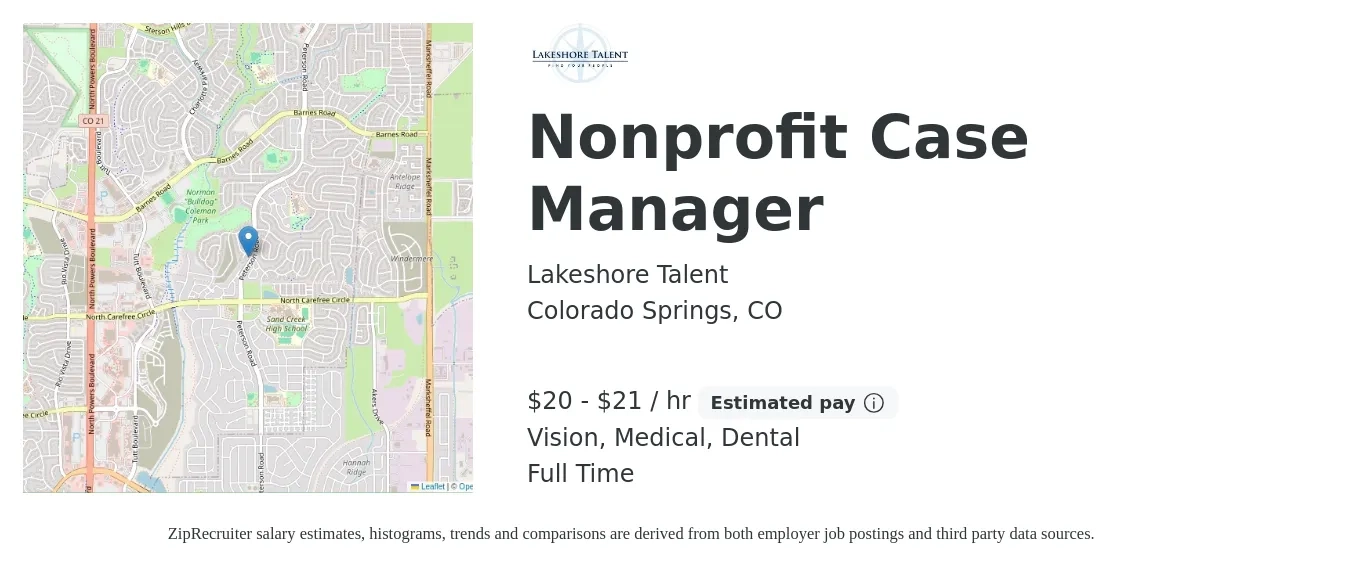 Lakeshore Talent job posting for a Nonprofit Case Manager in Colorado Springs, CO with a salary of $21 to $22 Hourly and benefits including life_insurance, medical, pto, retirement, vision, and dental with a map of Colorado Springs location.