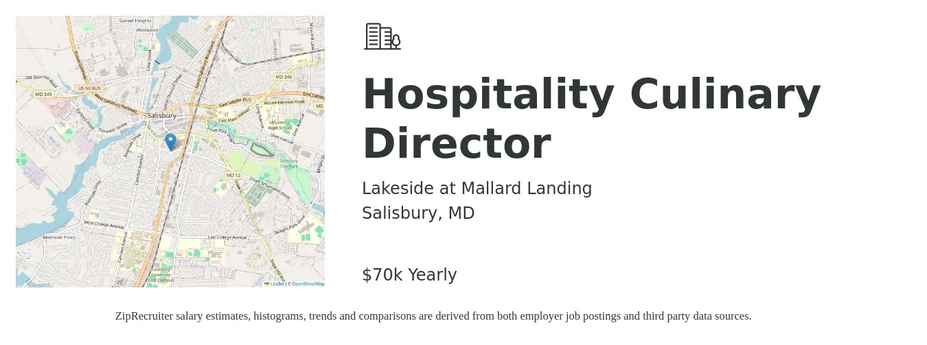 Lakeside at Mallard Landing job posting for a Hospitality Culinary Director in Salisbury, MD with a salary of $70,000 Yearly with a map of Salisbury location.
