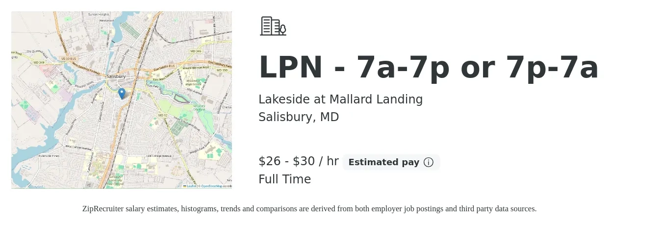 Lakeside at Mallard Landing job posting for a LPN - 7a-7p or 7p-7a in Salisbury, MD with a salary of $28 to $32 Hourly with a map of Salisbury location.