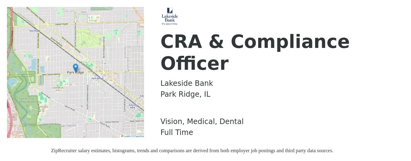 Lakeside Bank job posting for a CRA & Compliance Officer in Park Ridge, IL with a salary of $60,500 to $113,200 Yearly and benefits including vision, dental, life_insurance, medical, and retirement with a map of Park Ridge location.