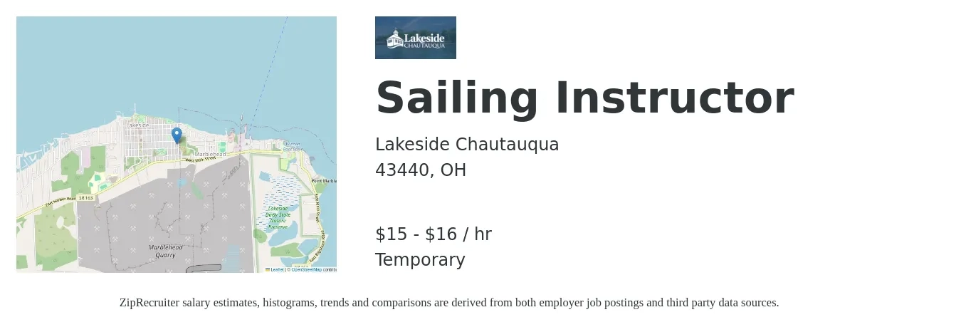 Lakeside Chautauqua job posting for a Sailing Instructor in 43440, OH with a salary of $16 to $18 Hourly with a map of 43440 location.