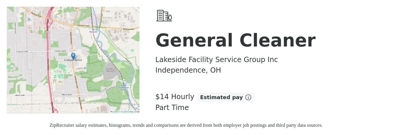 Lakeside Facility Service Group Inc job posting for a General Cleaner in Independence, OH with a salary of $15 Hourly with a map of Independence location.