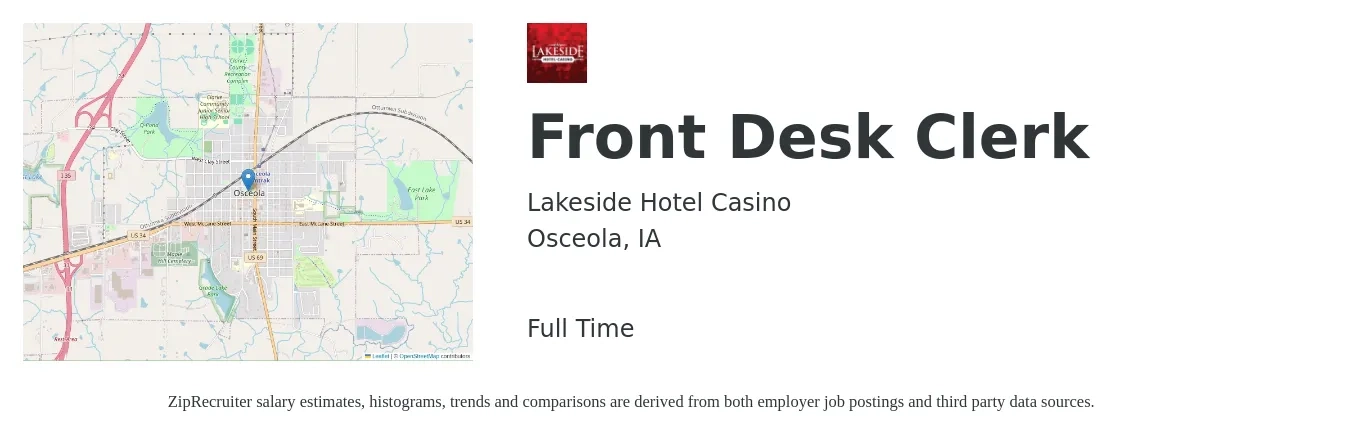 Lakeside Hotel Casino job posting for a Front Desk Clerk in Osceola, IA with a salary of $13 to $16 Hourly with a map of Osceola location.
