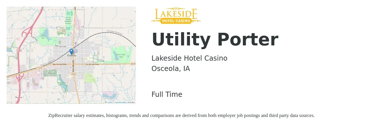 Lakeside Hotel Casino job posting for a Utility Porter in Osceola, IA with a salary of $14 to $19 Hourly with a map of Osceola location.