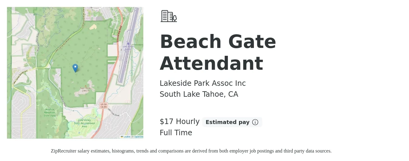 Lakeside Park Assoc Inc job posting for a Beach Gate Attendant in South Lake Tahoe, CA with a salary of $18 Hourly with a map of South Lake Tahoe location.
