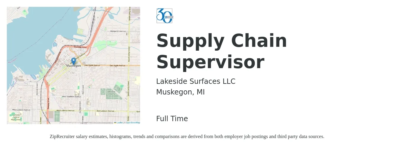 Lakeside Surfaces LLC job posting for a Supply Chain Supervisor in Muskegon, MI with a salary of $72,300 to $108,400 Yearly with a map of Muskegon location.