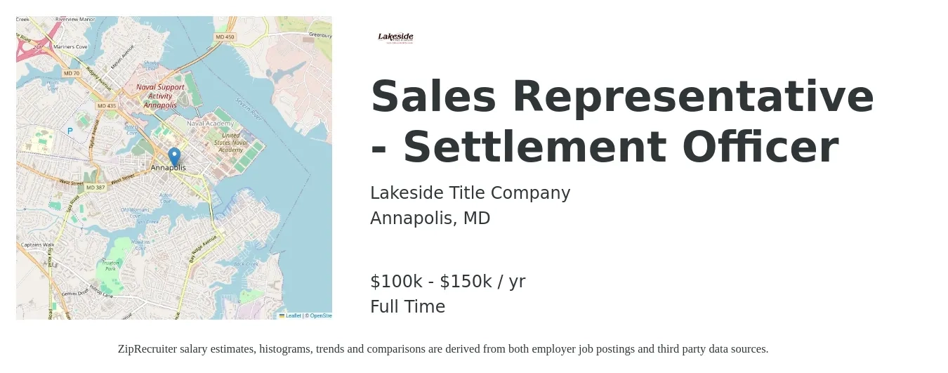 Lakeside Title Company job posting for a Sales Representative - Settlement Officer in Annapolis, MD with a salary of $100,000 to $150,000 Yearly with a map of Annapolis location.