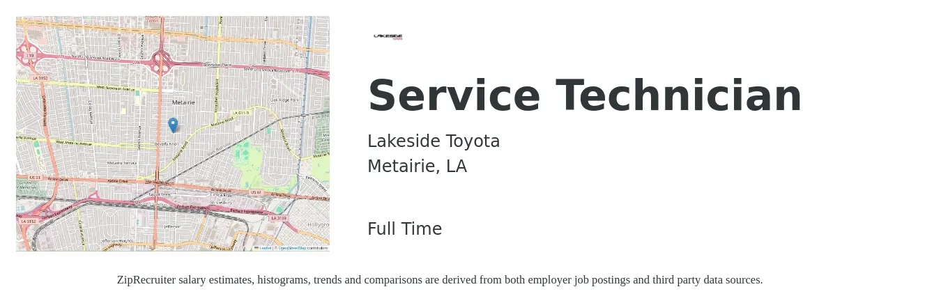 Lakeside Toyota job posting for a Service Technician in Metairie, LA with a salary of $18 to $26 Hourly with a map of Metairie location.