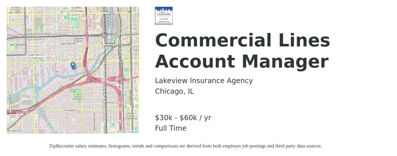 Lakeview Insurance Agency job posting for a Commercial Lines Account Manager in Chicago, IL with a salary of $30,000 to $60,000 Yearly with a map of Chicago location.