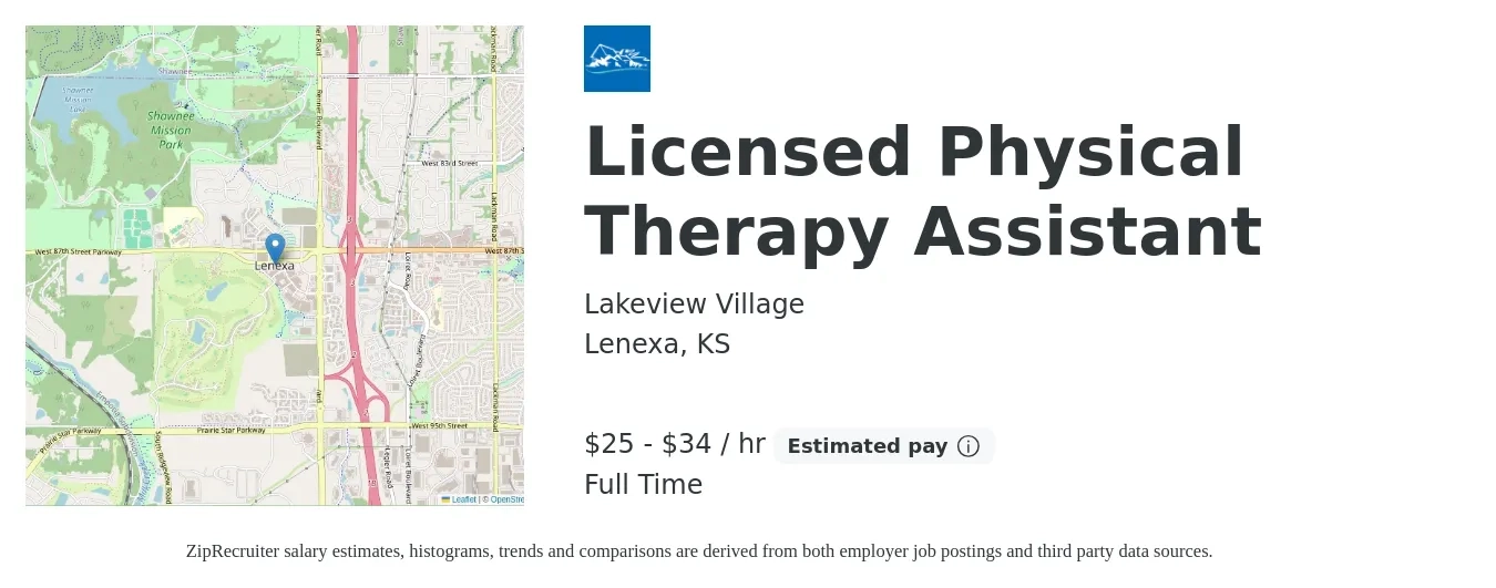Lakeview Village job posting for a Licensed Physical Therapy Assistant in Lenexa, KS with a salary of $24 to $32 Hourly and benefits including pto, retirement, vision, dental, life_insurance, and medical with a map of Lenexa location.