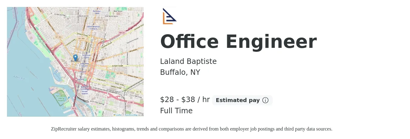 Laland Baptiste job posting for a Office Engineer in Buffalo, NY with a salary of $30 to $40 Hourly with a map of Buffalo location.